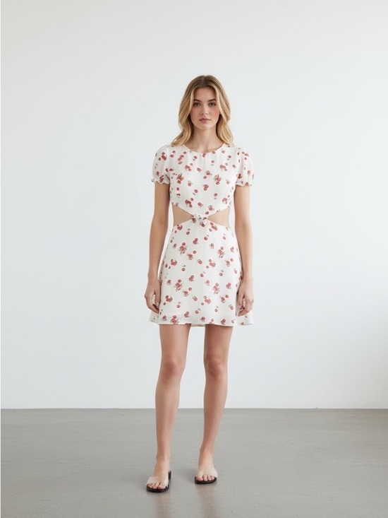 Dresses & Skirts - White Floral Cutout Mini Dress with Pink Rose Print